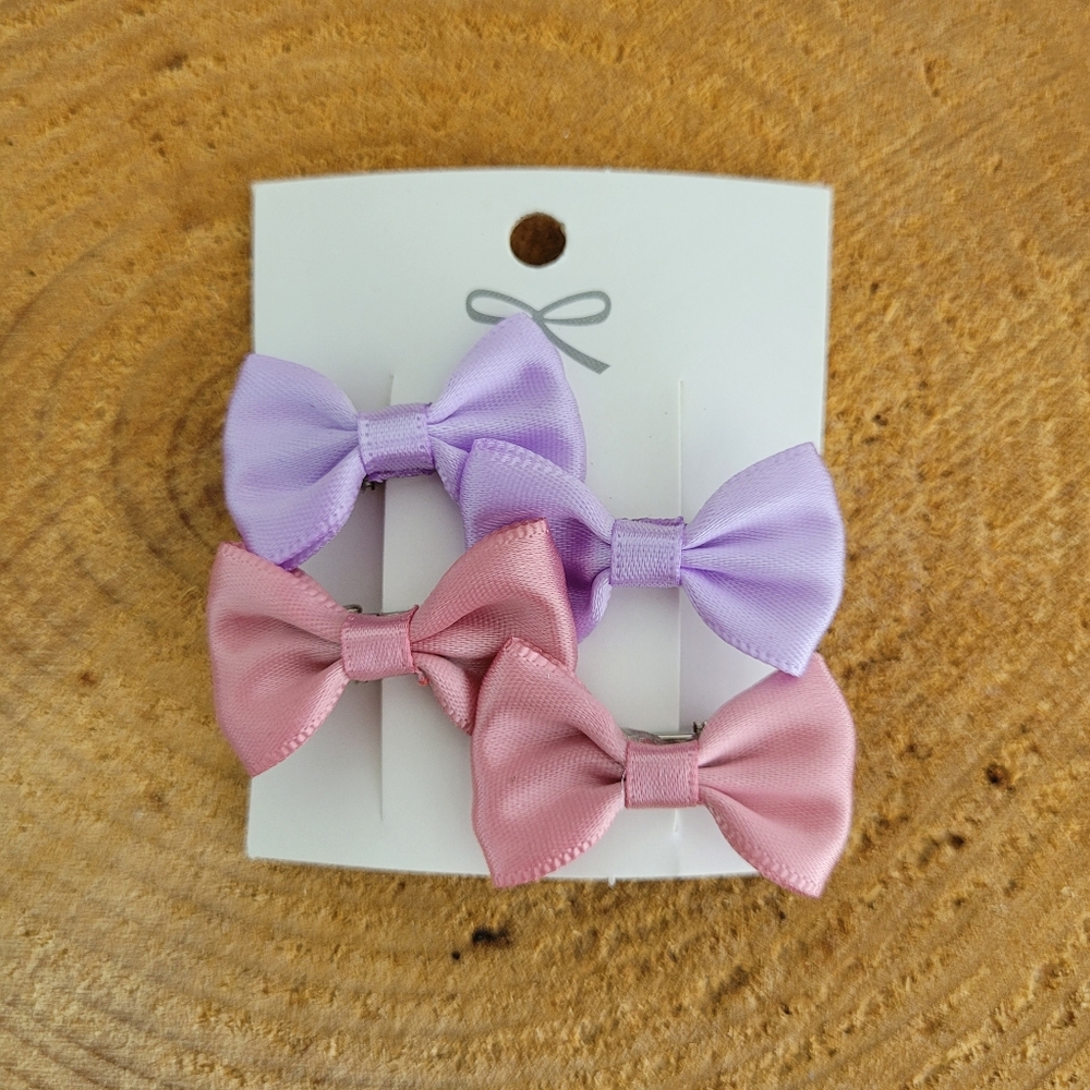 4 Mini Handmade Pink and Purple Bow Hair Clips Set